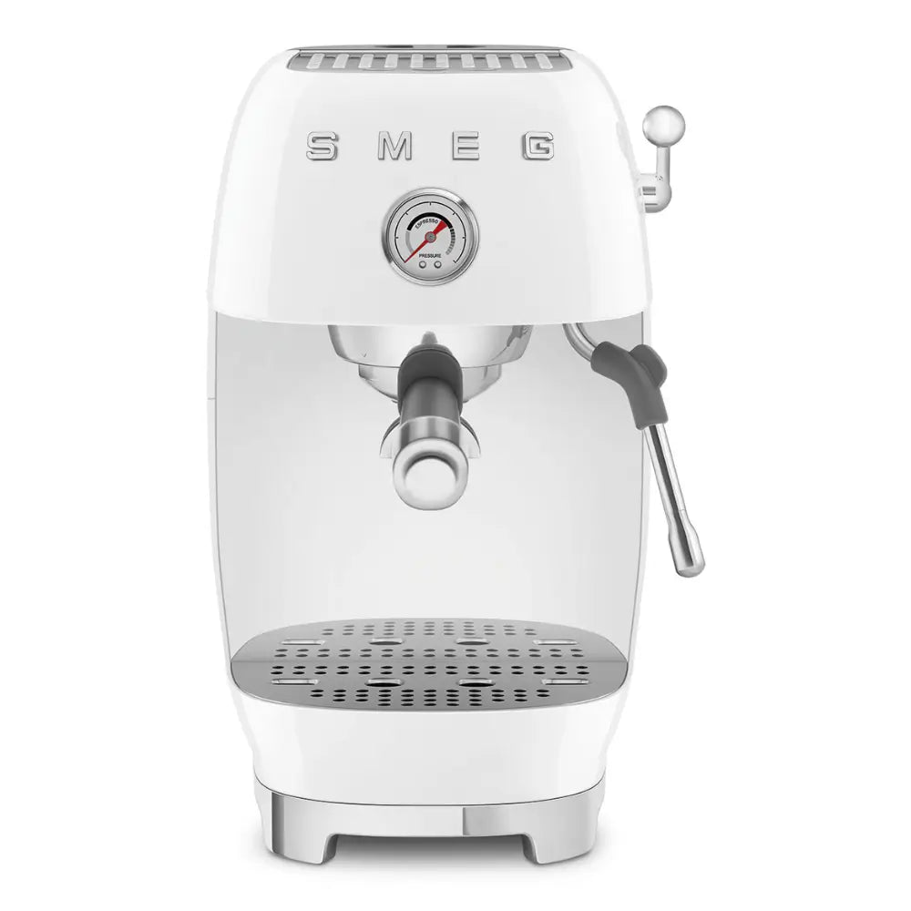 SMEG ECF03BLUK espresso machine in white, showcasing its retro 50s style and pressure gauge.