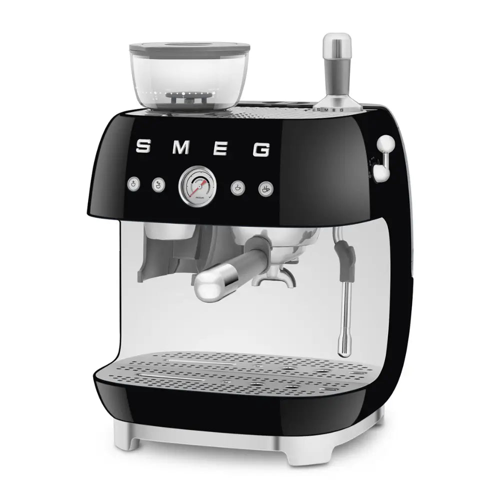 Angled front view of the SMEG 50's Style all-in-one espresso machine and grinder.