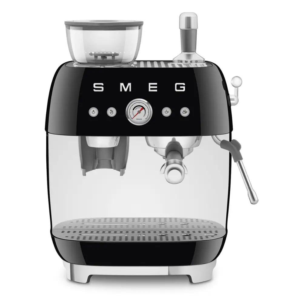 Front view of the SMEG 50's Style espresso machine with built-in grinder and 20 bar pump in gloss black.