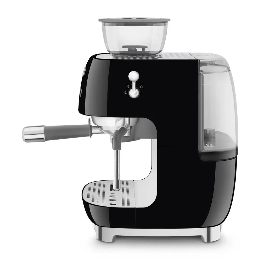 Right side profile of the black SMEG EGF03 espresso machine, showing the clear water tank and integrated steam wand.