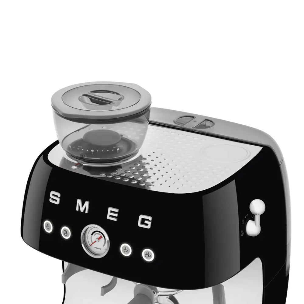 Top-down view of the bean hopper and control buttons on the SMEG EGF03 espresso machine.