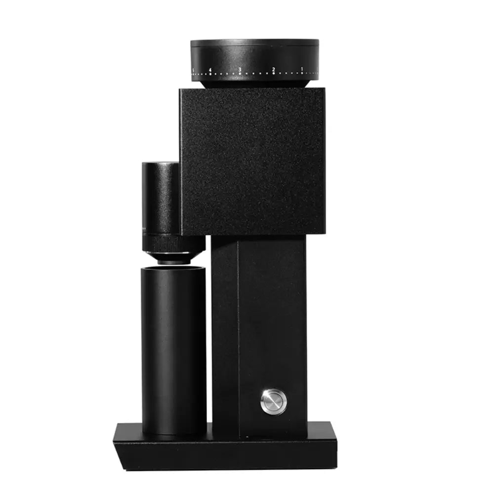 Side profile view of the matte black Timemore Bricks 01S electric grinder, emphasizing its architectural square body and compact footprint.