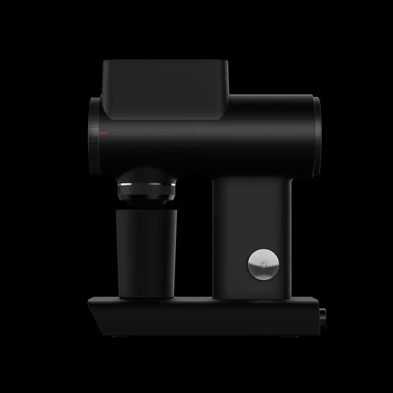 Side view of Timemore Sculptor 064S grinder with power button and catch cup.