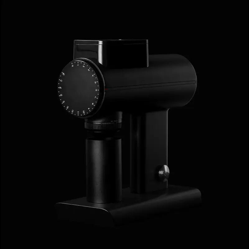 Angled view of Timemore Sculptor 078S coffee grinder in black finish.