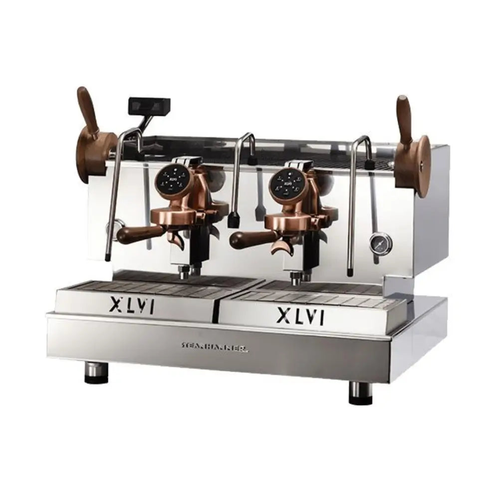 Full front view of the XLVI Steamhammer E 2 Group professional espresso machine in polished copper.
