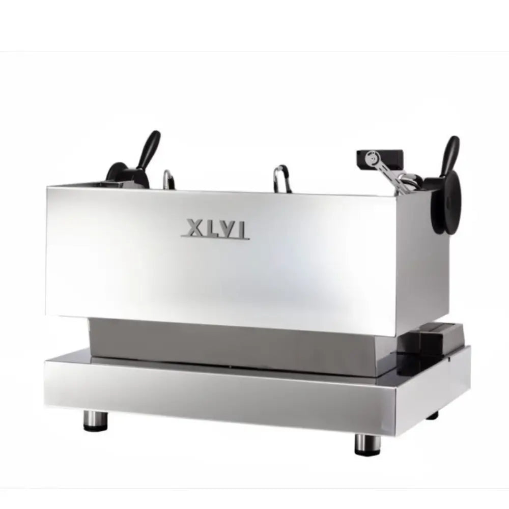 Rear view of the XLVI Steamhammer E 2 Group professional espresso machine in polished chrome.