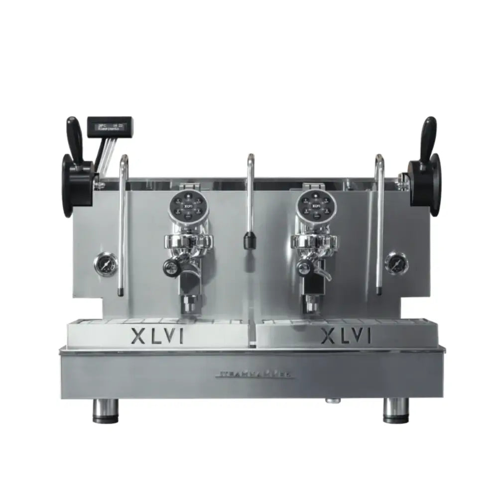 Full front view of the XLVI Steamhammer E 2 Group professional espresso machine in stainless steel.