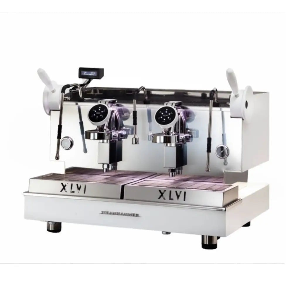 Full front view of the XLVI Steamhammer E 2 Group professional espresso machine in polished white.